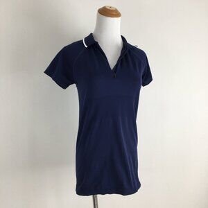 ATHLETA Blue White Trim 1/4 Zip Collared Short Sleeve Stretch Active Shirt